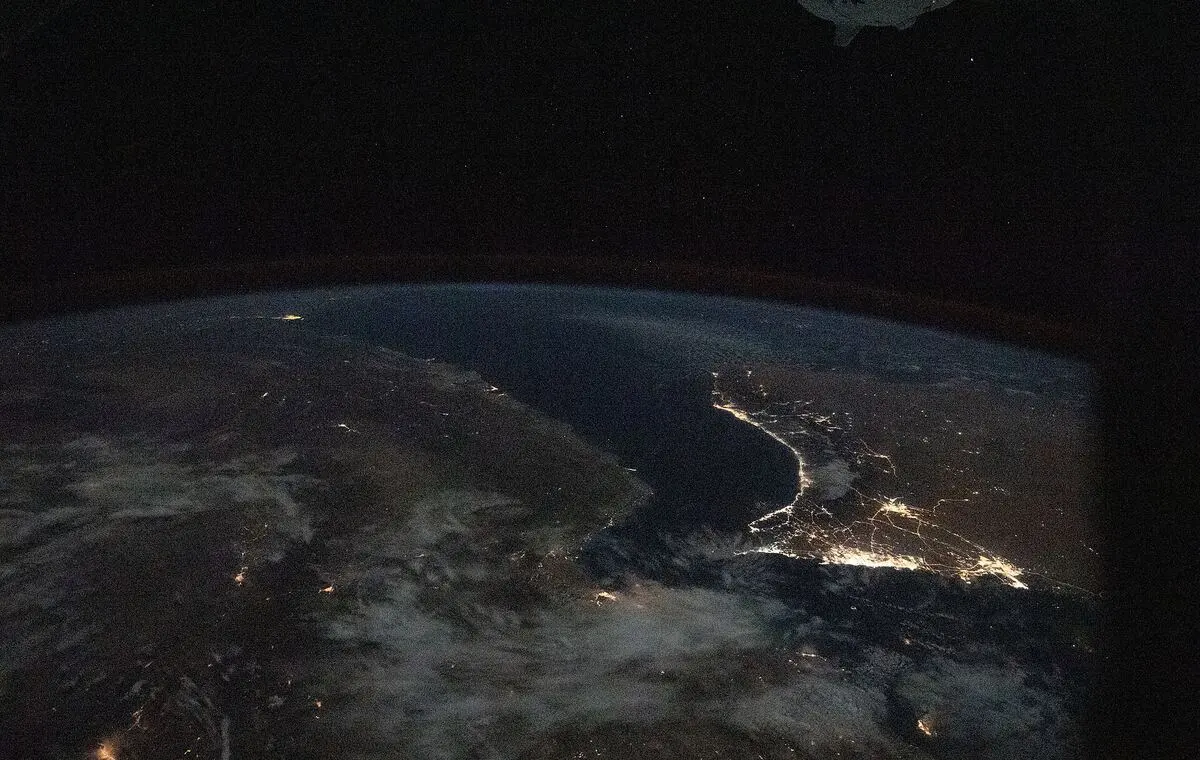 The Persian Gulf and Gulf of Oman at night, seen from orbit