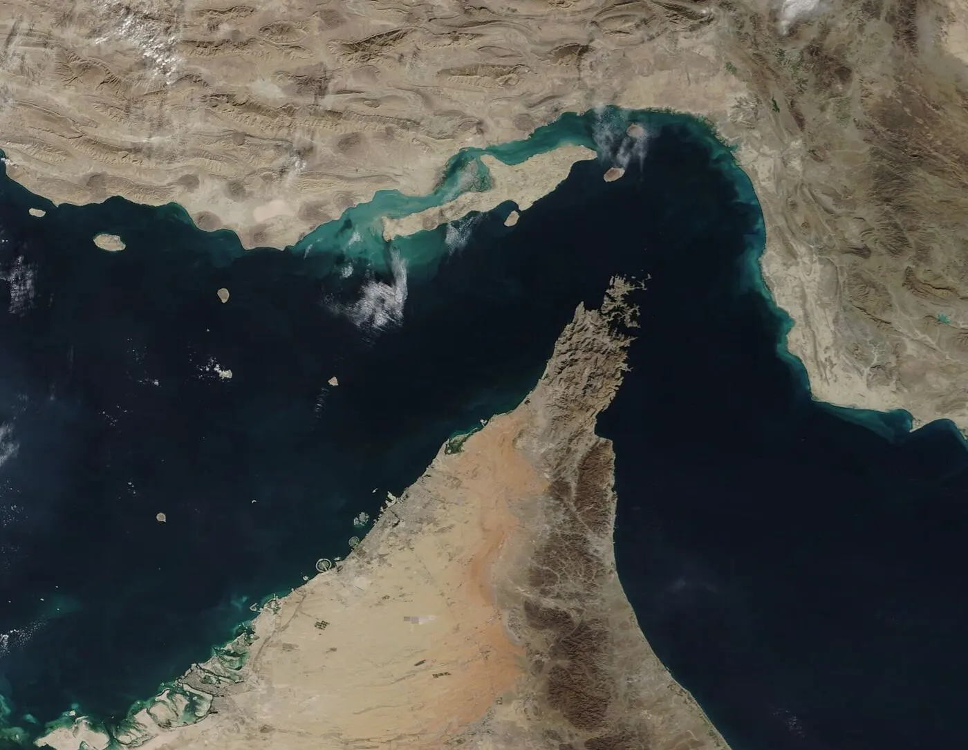 Satellite view of the Strait of Hormuz and the Hormozgan coast